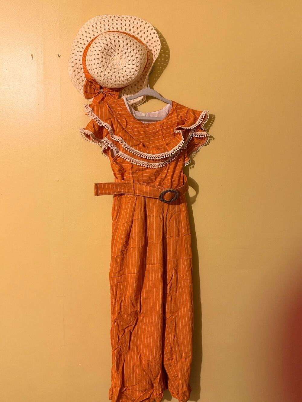Nurlu Kids Turkish Boutique Orange Pinstripe Ruffle Jumpsuit Straw Hat Set